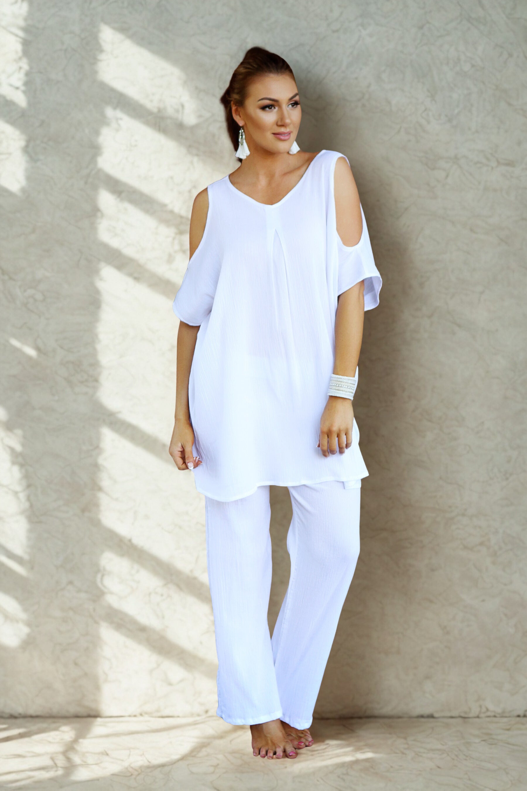 Pure Cold Shoulder Beach Dress - Cotton Cheesecloth