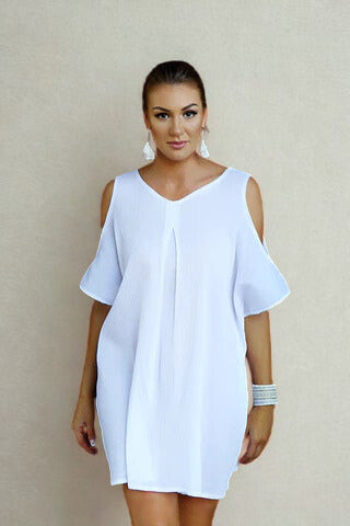 Pure Cold Shoulder Beach Dress - Cotton Cheesecloth